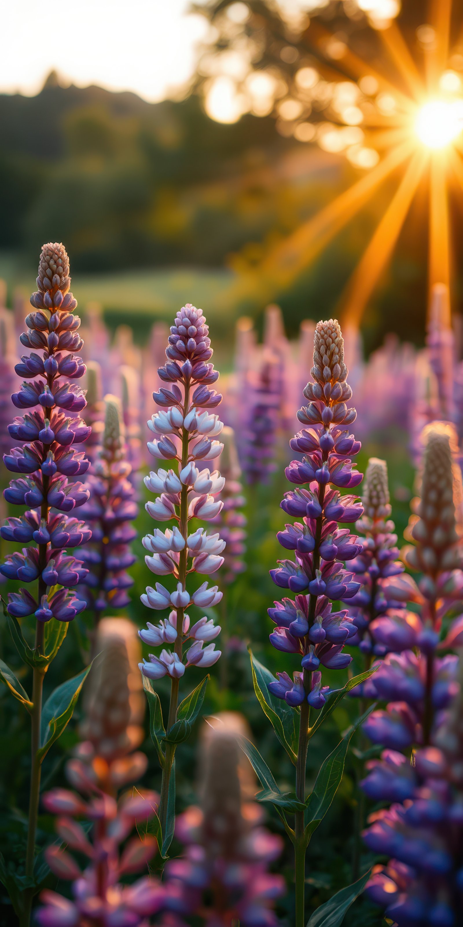 Vibrant purple lupines bloom under a golden sunset in a serene field setting